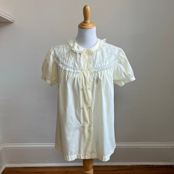 Vintage 50s Barbizon Pajama Set M Yellow Lace Peter Pan Collar Cottagecore - Picture 4 of 16